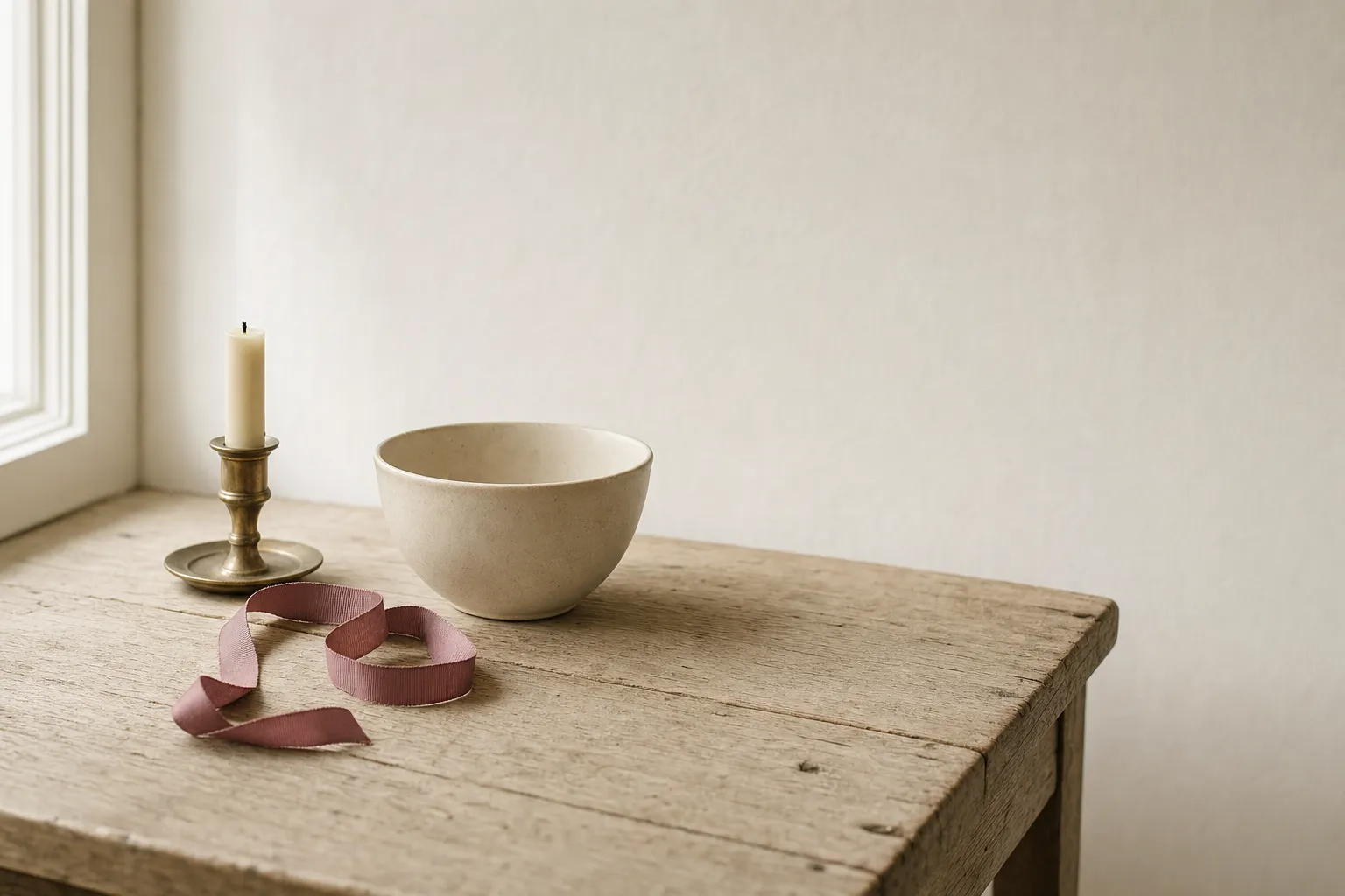 A plain bowl, an unlit candle and a length of ribbon on a table by a window