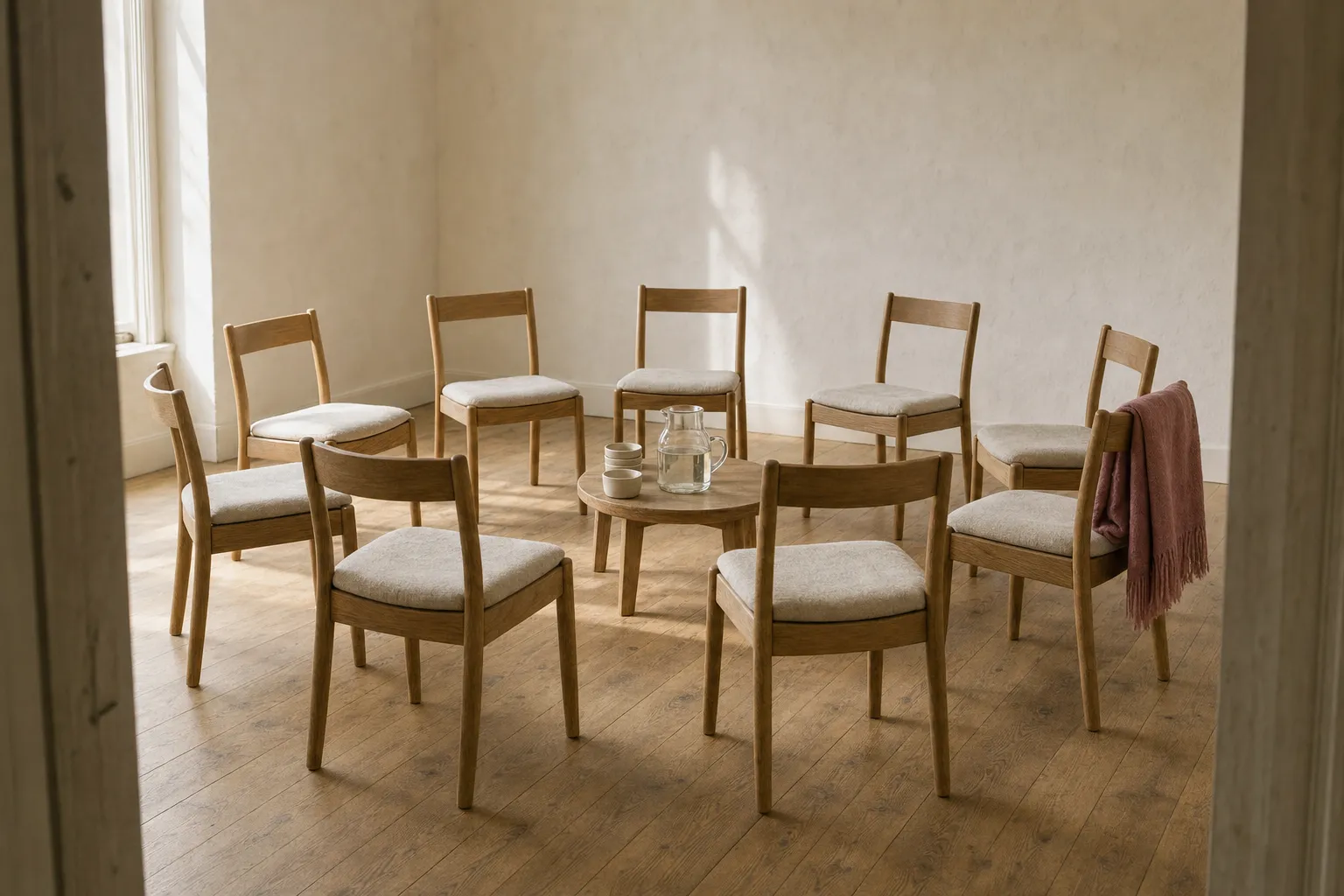 A room set with a loose circle of chairs and a jug of water, ready before anyone arrives