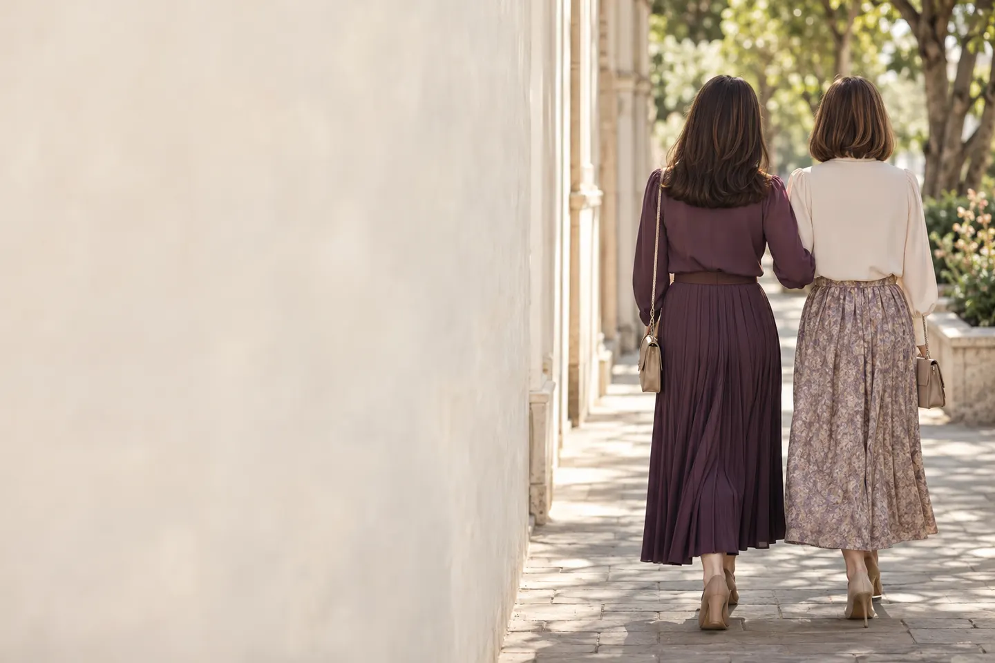 Two women walking arm in arm along a sunlit street, seen from behind