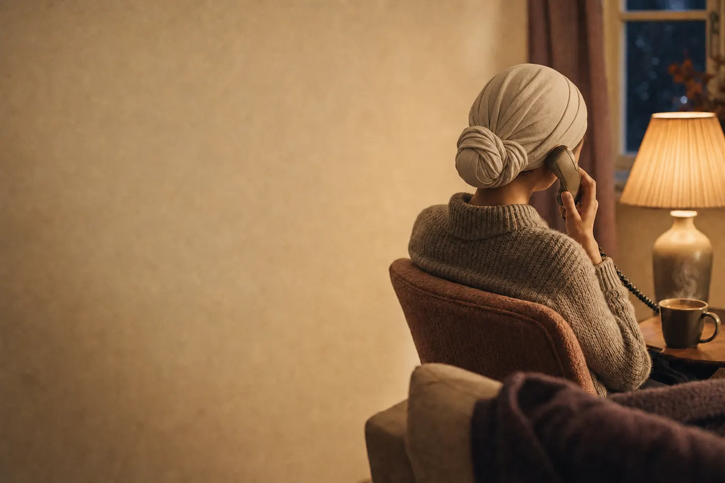 A woman on the telephone in a lamp-lit room in the evening, seen from behind