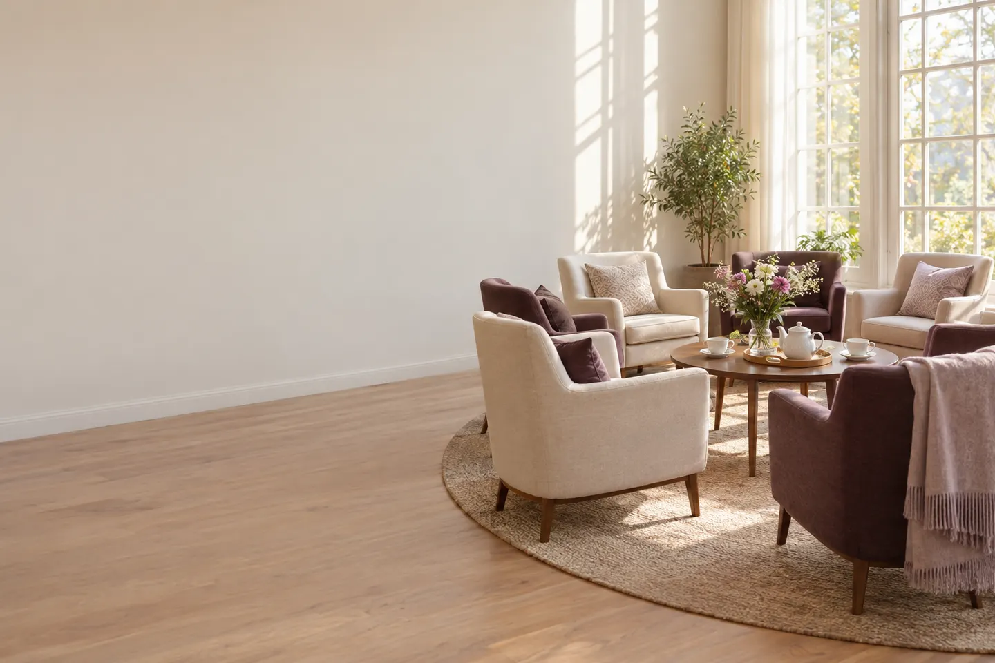 A sunlit room set for a support group, armchairs in a circle around a table with tea and flowers