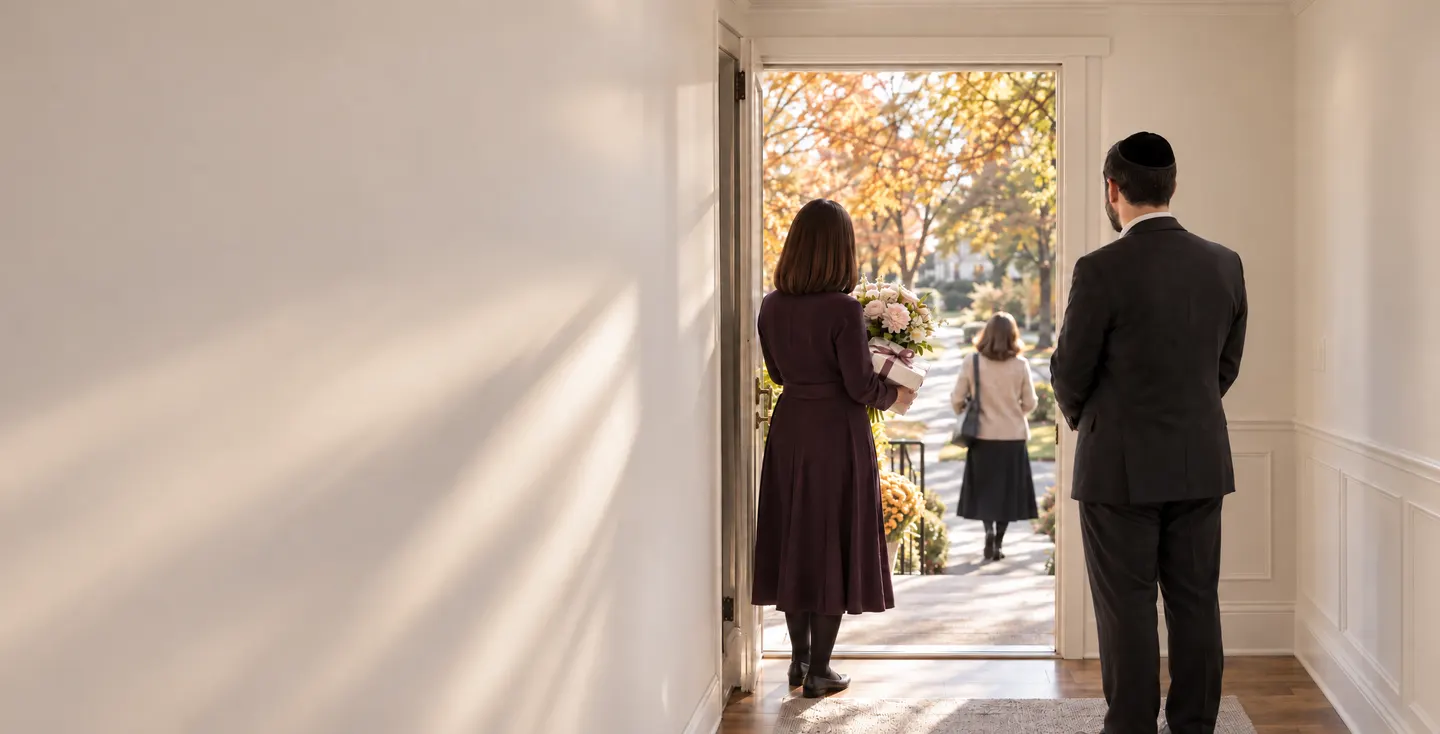 A couple at their front door, the wife holding flowers and a care package as a Knafayim volunteer walks away down the path