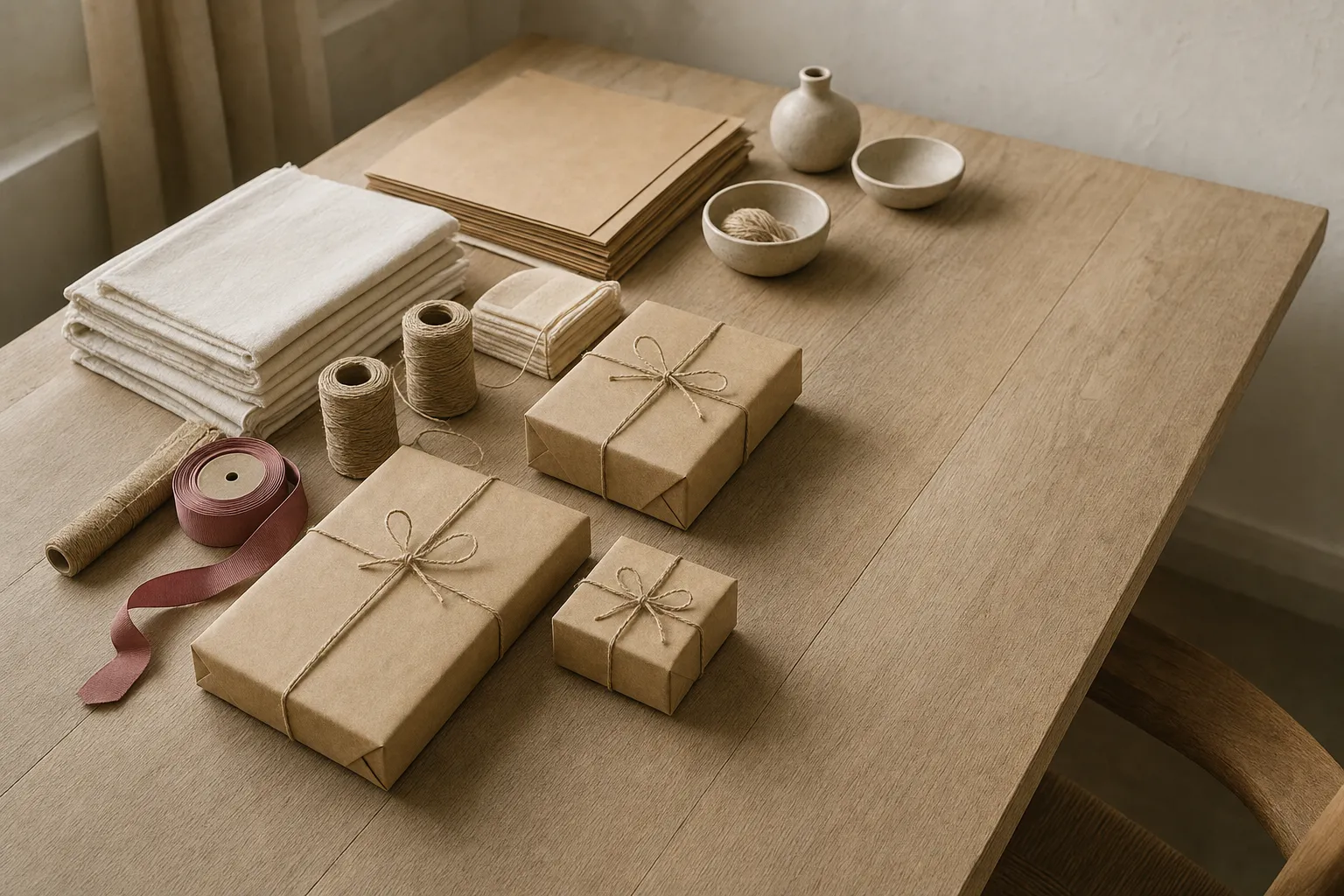 A long worktable laid with folded cotton, kraft paper, twine and parcels already tied