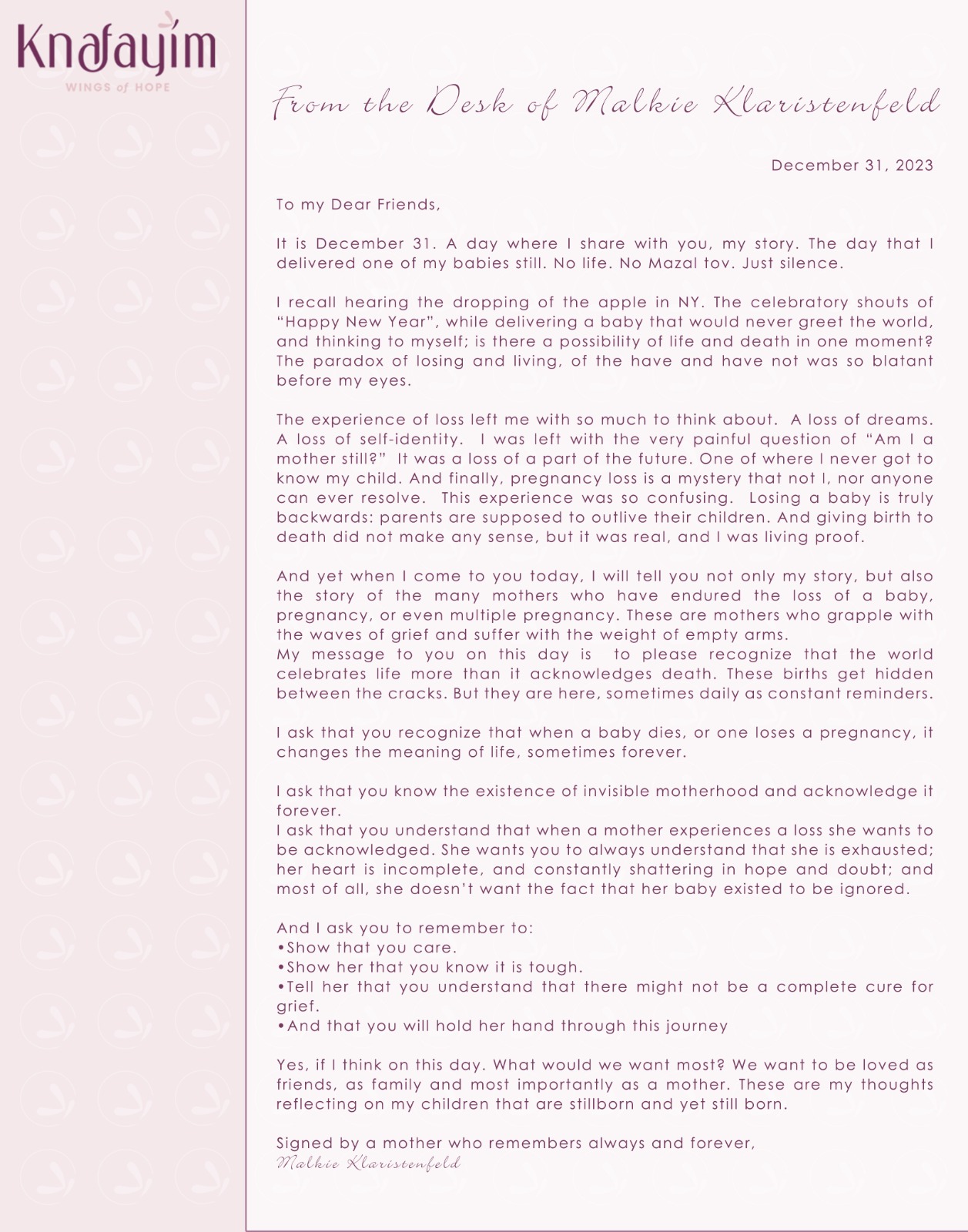 From the Desk of Malkie Klaristenfeld: a letter dated December 31, 2023, printed in full below